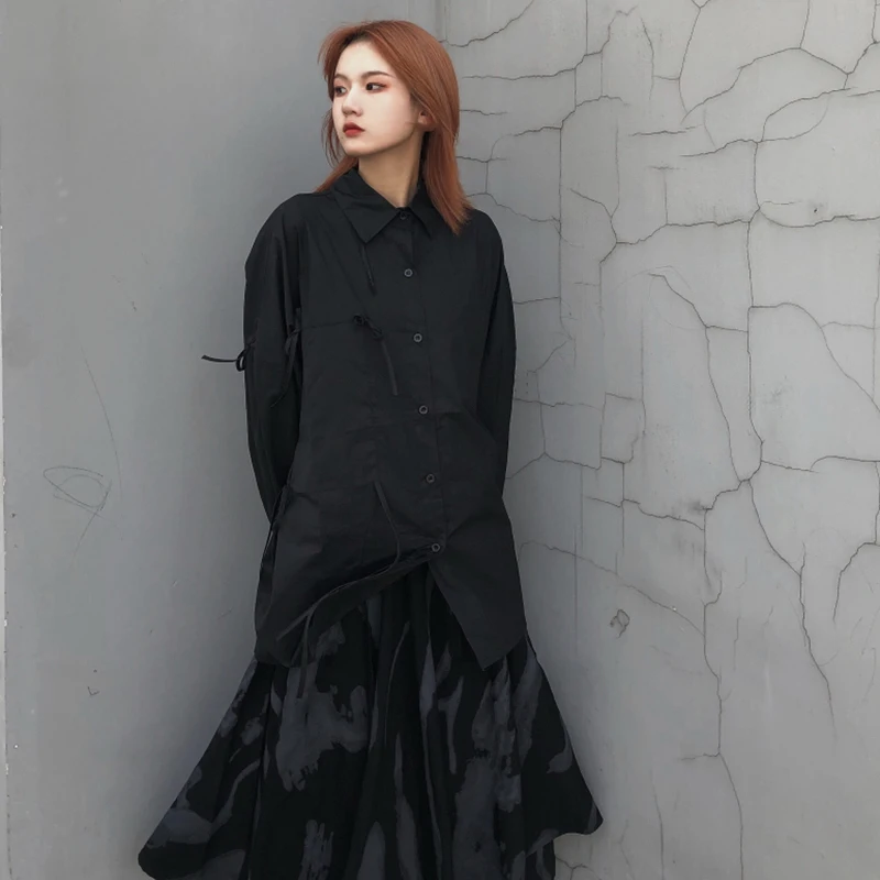 

SHENGPALAE Personality Lace Up Blouse Women's Spring 2021 New Laple Oversize Single Breasted Long Sleeve Shirt Female Tide 5B638