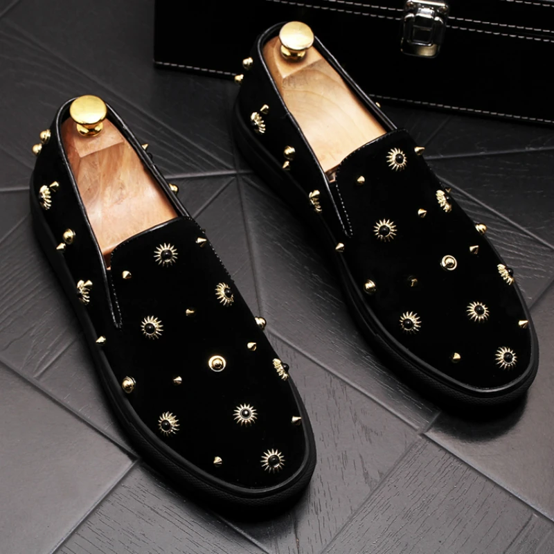 

men casual punk hip hop wear breathable cow leather rivets shoes slip on lazy shoe flats platform sneakers zapatos hombre black