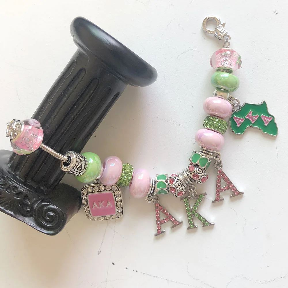 

Hand Made Greek Letter Sorority Pink Green Mini Map Enamel Pendant Charm Bracelet Jewelry Female Accessories