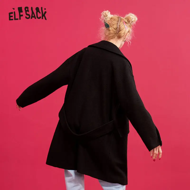 ELFSACK, черные, одноцветные, прямые, двубортные, шерстяные пальто для женщин, зима, пояс сзади, длинный рукав, повседневная женская теплая верхняя одежда