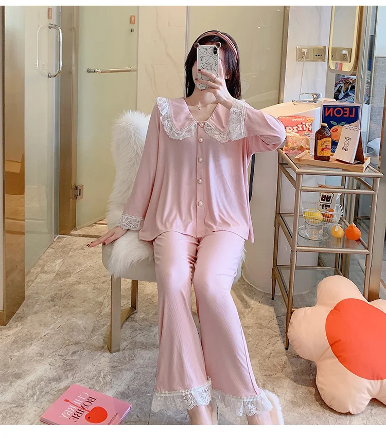 

2-Piece Pajamas 2021 Spring&Summer Cotton Thin Long Sleeve Cardigan Sleepwear Sweet Cute Style Homewear Nighty for Women