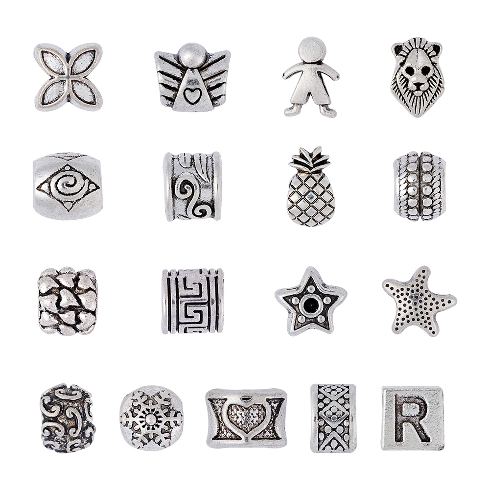 

100pcs Mix Styles Alloy European Beads Large Hole Beads Antique Silver Color Bracelet Necklace Handmade Making Jewelry Beads