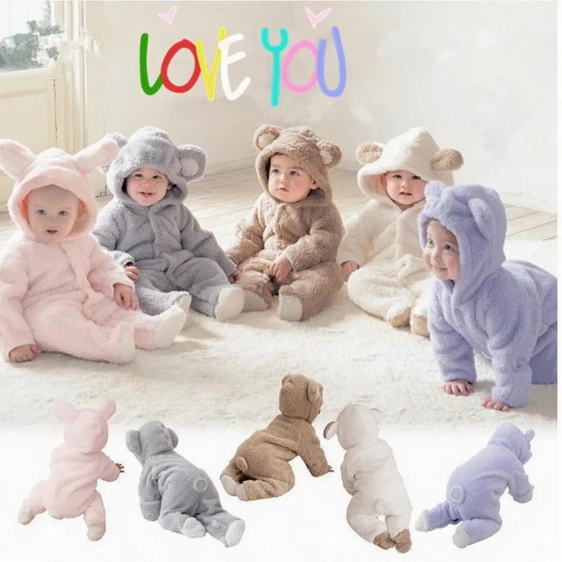 CALOFE Baby Rompers Winter Warm Longsleeve Coral Fleece Newborn Baby Boy Girl Clothes Infant Jumpsuit Animal Overall Pajamas