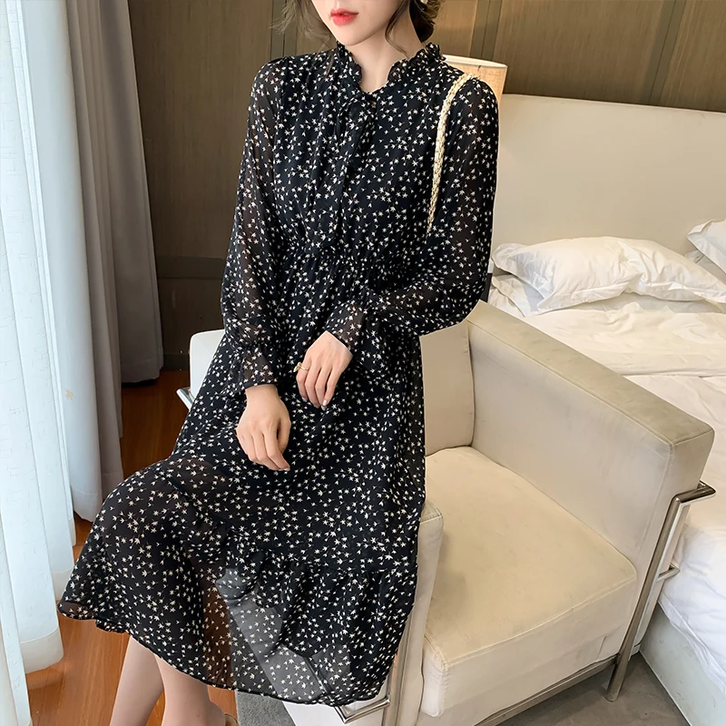 

Women Long Sleeve Floral Chiffon Dress 2021 Spring Autumn Single Breasted Pleated Bottoming Dresses Female Vestidos With Lining
