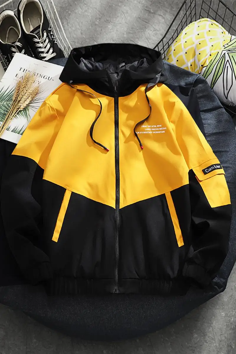 

Hip Hop Mens Hooded Patchwork jacket 2020 Harajuku Letter Printed Zipped Loose Track Jacket Men Korean Sport Male Coats