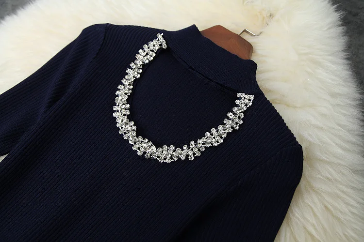 

European and American women's wear 2020 winter new style Long sleeve collar Nail bead Fashion knit dress