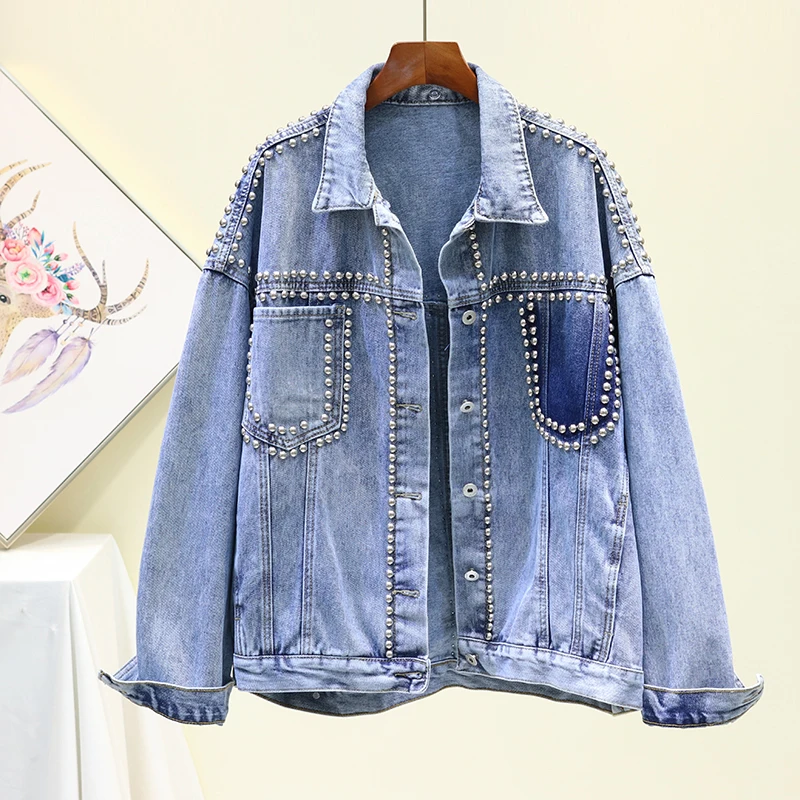 Vintage Women Jacket 2020 Autumn Winter Denim Jackets Washed Blue Rivet Jeans Coat Turn-down Collar Outwear Bomber P818 | Женская одежда