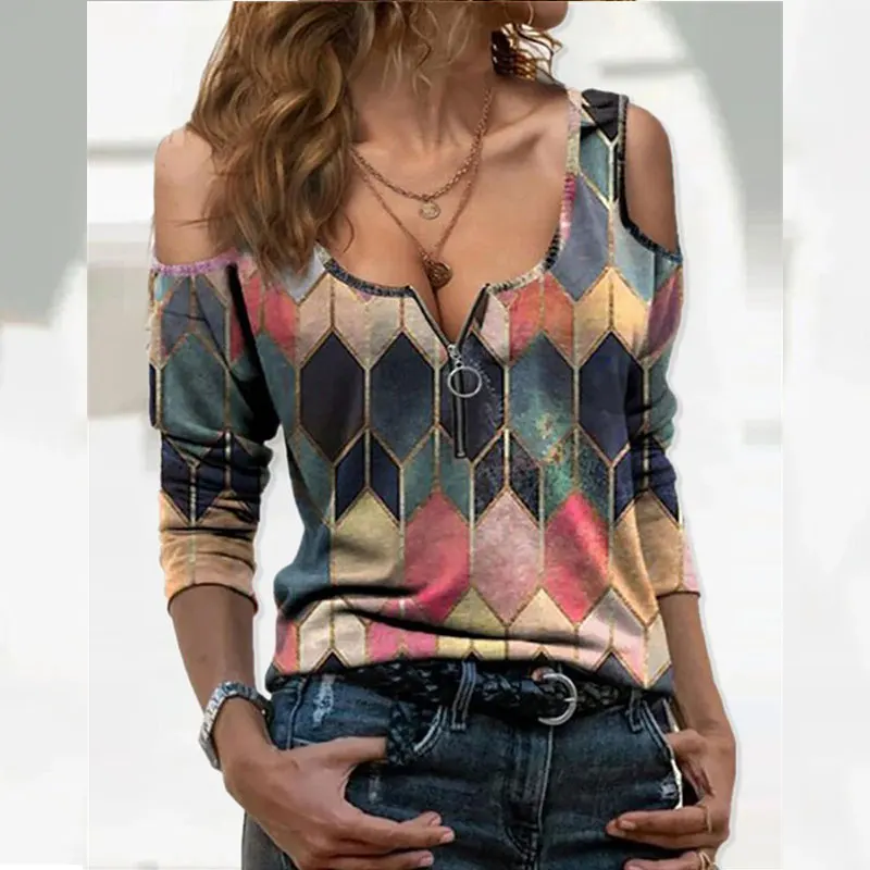 

Plus Size Spring Summer Women Zipper Design Tops Geo Print Colorblock Cold Shoulder Long Sleeve T-shirt Fashion