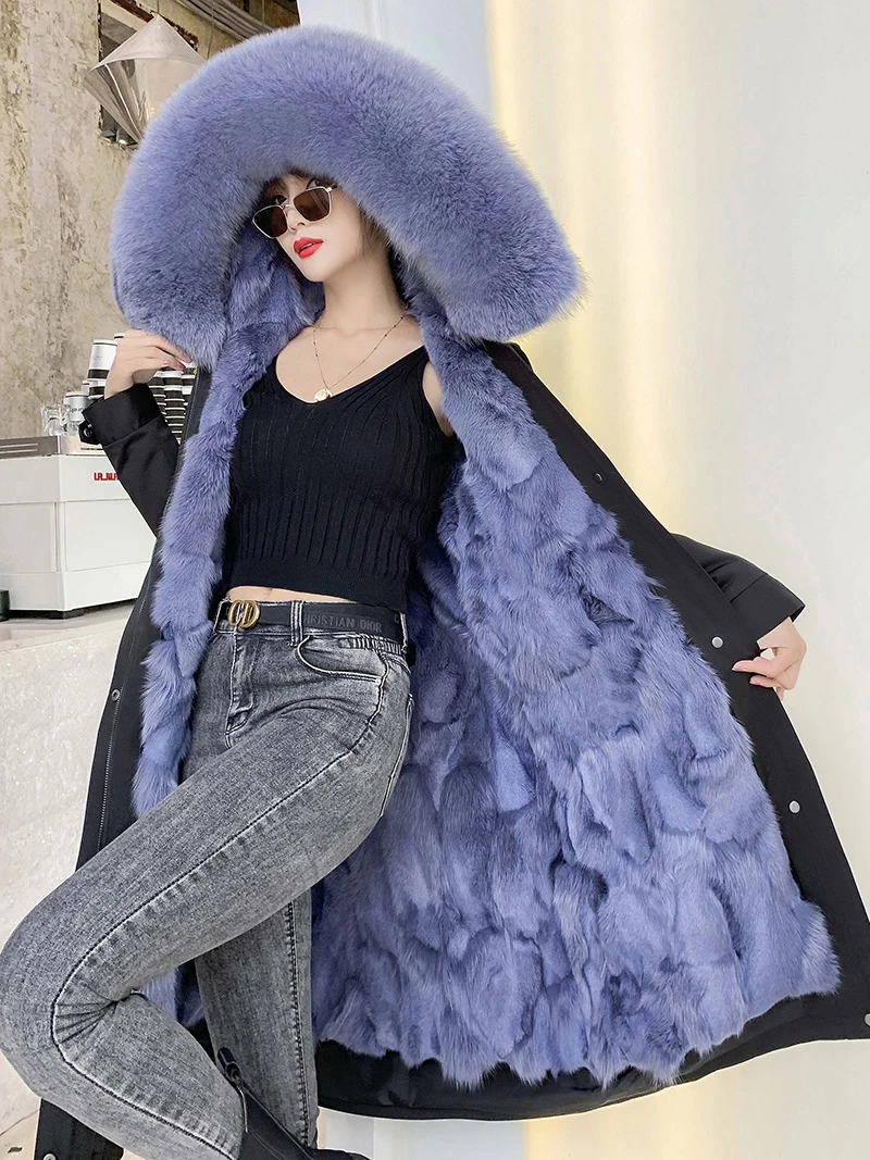 2021 New Winter Women's Leather Coat Long Detachable Rabbit Fur Lining Hooded Parka Big Fox Fur Collar Warm Fur Coat Jacket