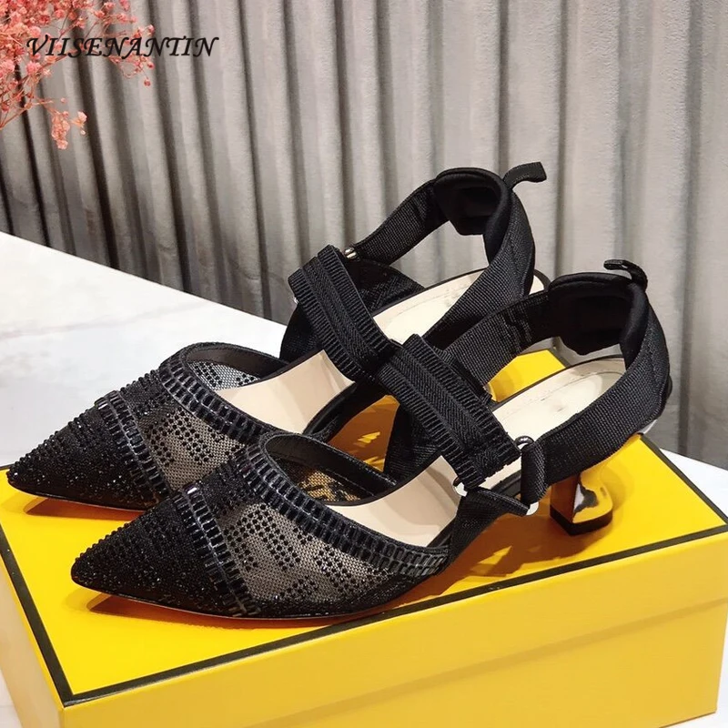 

Босоножки стразы женские с острым носком, сетчатые удобные кожаные дышащие римские сандалии на высоком каблуке, с открытым носком, лето