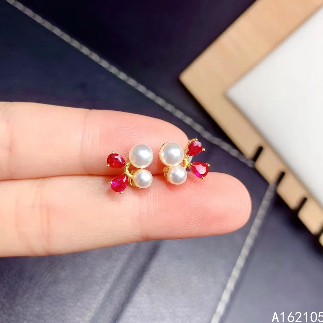 Fine Jewelry 925 Pure Silver Style Natural Ruby Girl Classic Pearl Water Drop Gem Earrings Ear Stud Got Engaged Marry Party