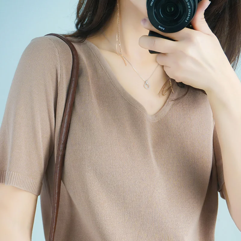 ASLTW Women T-shirt New Arrivals Summer Short Sleeve Woman Clothes Tops Ice silk Soft Thin Knitted Vintage Female Tee Shirt | Женская