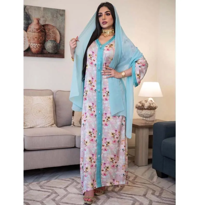 Женское длинное платье с цветочным принтом, свободное платье в арабском стиле, Оман, Дубай, Кувейт, абайя, мусульманская одежда, 2022