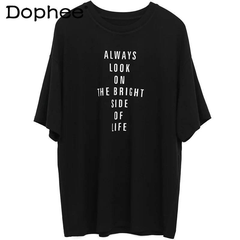 

Повседневная Свободная футболка с надписью, топ средней длины с коротким рукавом, универсальная модная футболка для женщин, Однотонная фут...