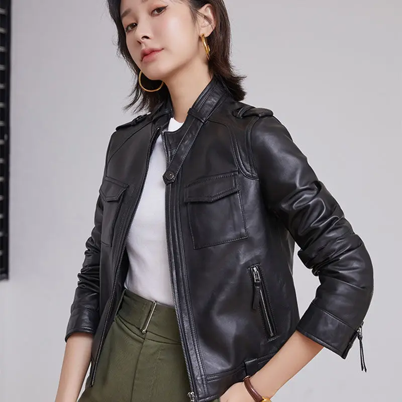 Leather Jacket Women's Spring Autumn Sheepskin Short Motorcycle Jacket Lady Leisure Vegetable Tanned Leather Jacket