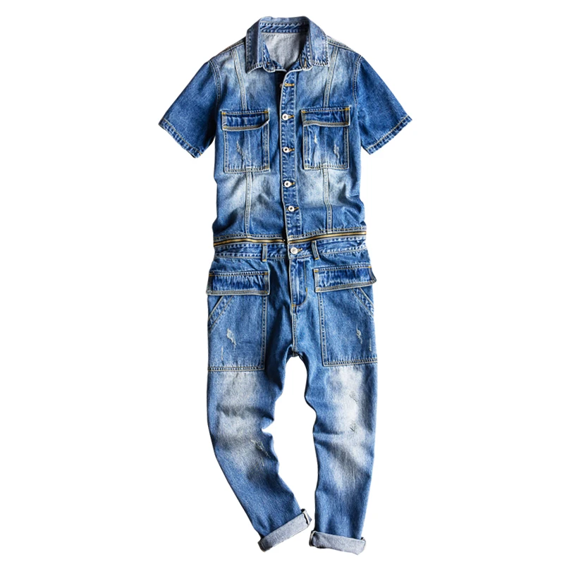 Spring and summer men's denim jumpsuit short sleeve blue jeans hip-hop jacket detachable waist overalls overalls retro trousers