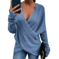 2021 womens pullover sweater deep v neck long sleeve knitted top autumn winter solid color cross knitted sweater for daily wear