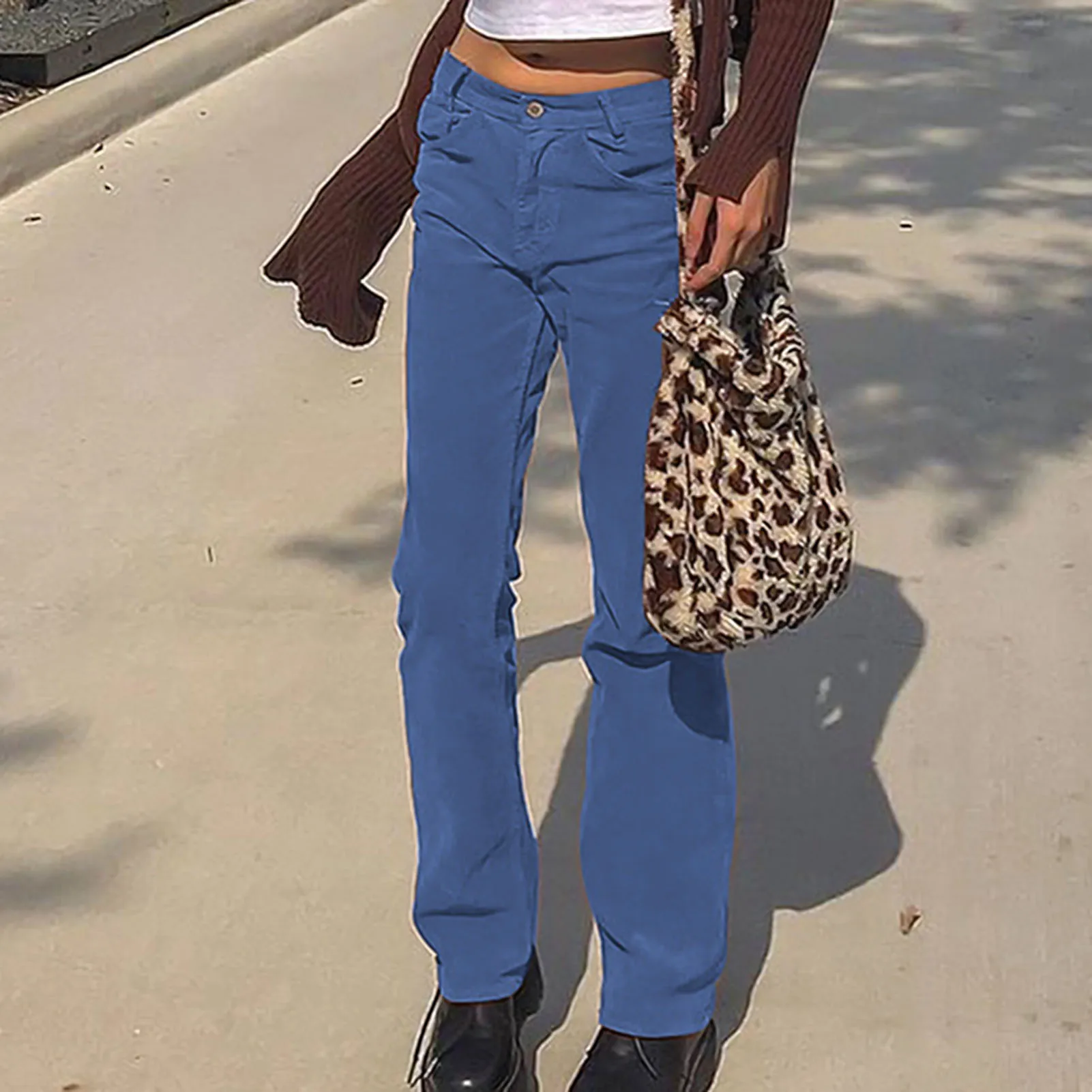 

Women Casual Solid Color Pocket Button Long Trousers Straight Corduroy Pants Outswear women clothing Corduroy Pants