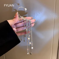 fyuan long tassel geometric crystal rhinestone clip earrings for women pearl earrings ear needle statement jewelry