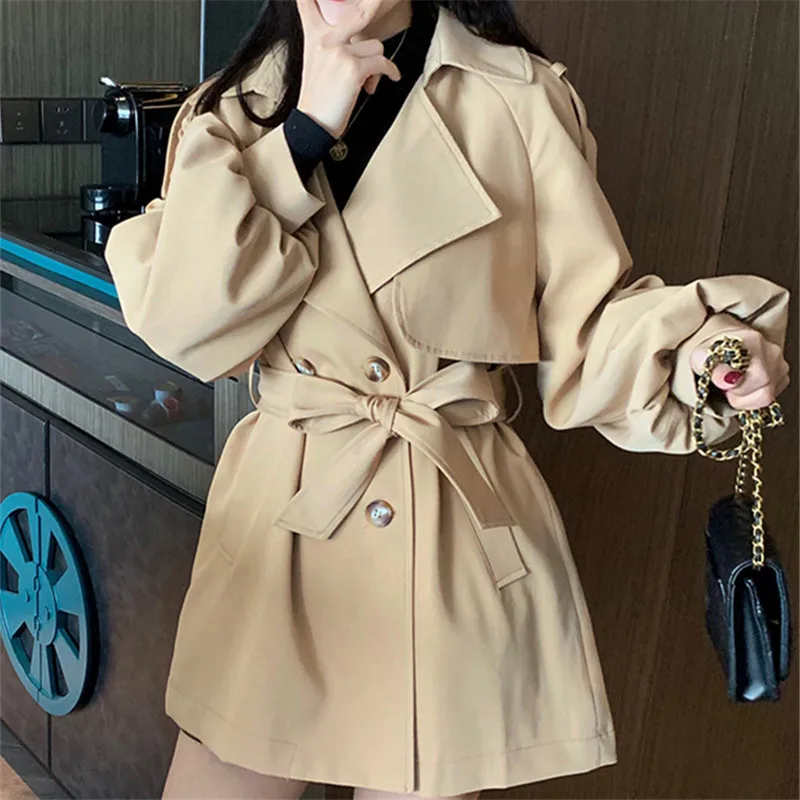 

Autumn Korean Short Khaki Trench Coat Plus Sashes Women Loose Double Breasted Epaulet Lapel Long Sleeve Casual Thin Windbreaker