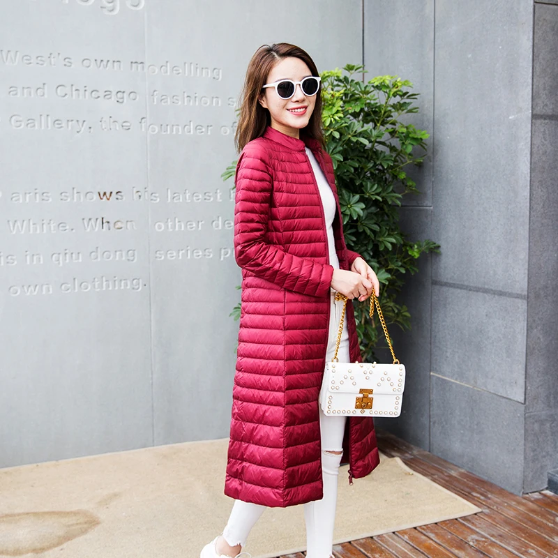 

Autumn Winter Long down Jacket Women Korean high quality Stand Collar Ultra Thin Down Coat Lightweight Solid Warm Liner Outwears