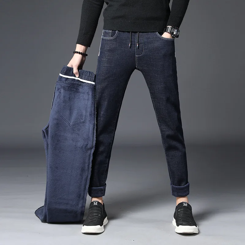 2019 зимние теплые мужские флисовые повседневные Прямые джинсы стрейч толстые