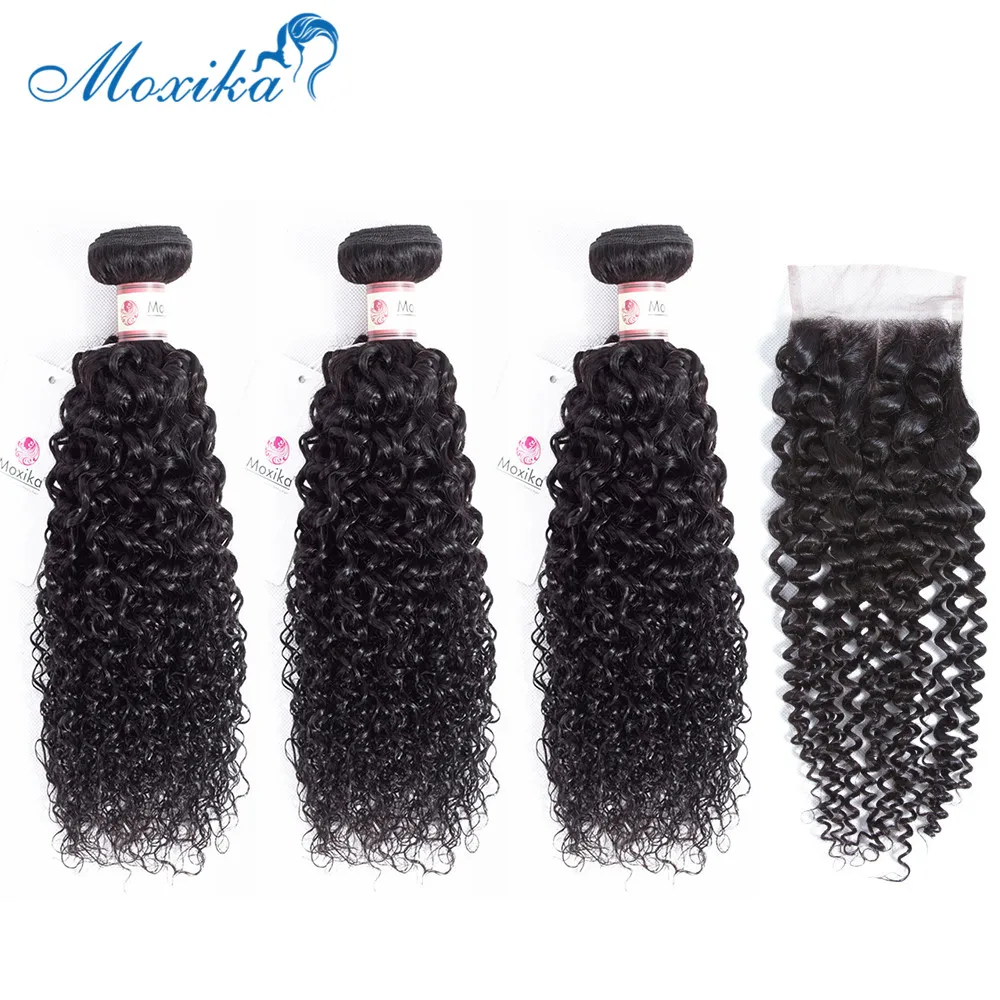 Moxika малазийские пучки вьющихся волос с закрытием 3 пучка человеческих L Remy 4*4