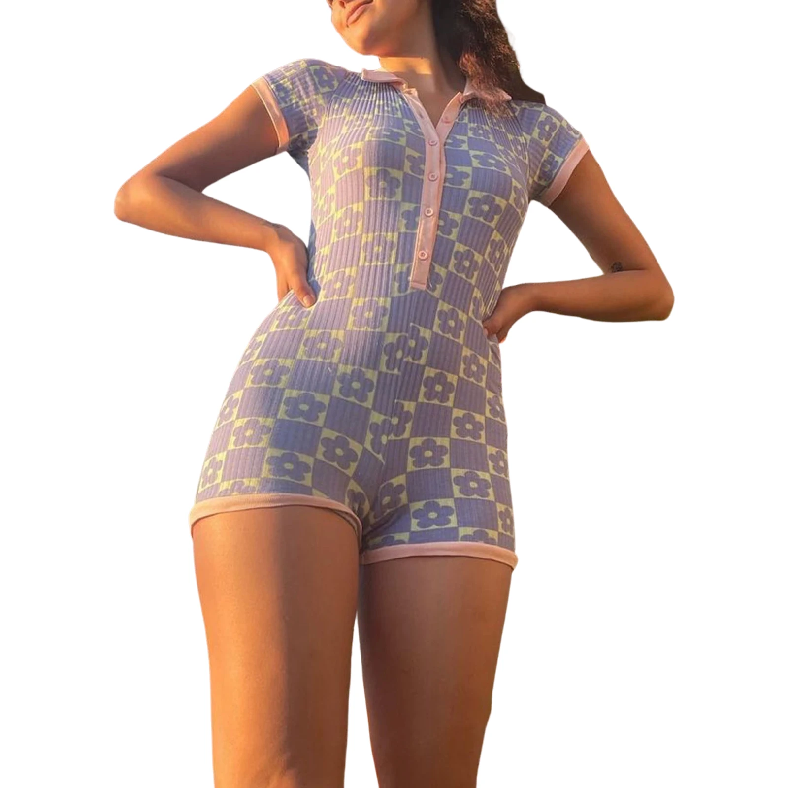 

Women Printed Button-up Romper, Short Sleeve Lapel Neck Short Jumpsuit for Summer