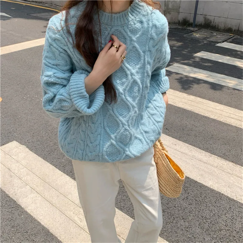 

Hzirip Women Knitted Sweater 2021 Autumn New Female Pullover O-Neck Solid Concise Twist Elegant Sweet Loose Office Lady Casual