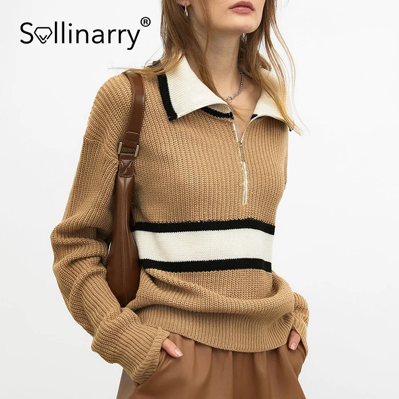 

Sollinary зимний утепленный вязаный свитер, женские полосатые пуловеры с длинным рукавом, повседневный Свободный вязаный джемпер с воротником-...