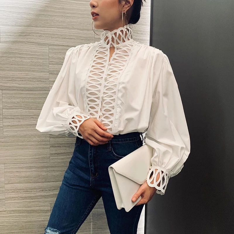 CHICEVER белая открытая женская рубашка водолазка фонарь длинный рукав Лоскутная