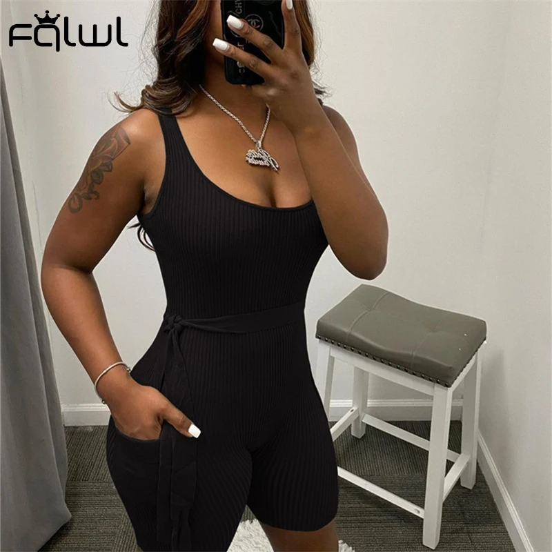Женский комбинезон с поясом FQLWL Черный Повседневный цельный без рукавов в рубчик