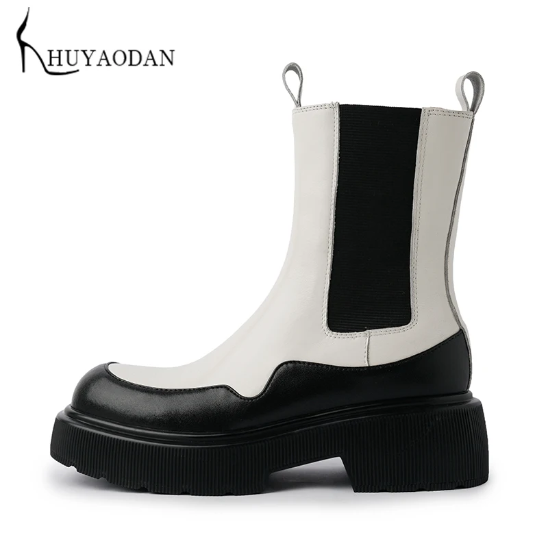 

Concise Genuine Leather Ladies Boots Fashion Newest Round Toe Thick Heels Pumps Office Basic Shoes Woman Chelsea Boots Black 39