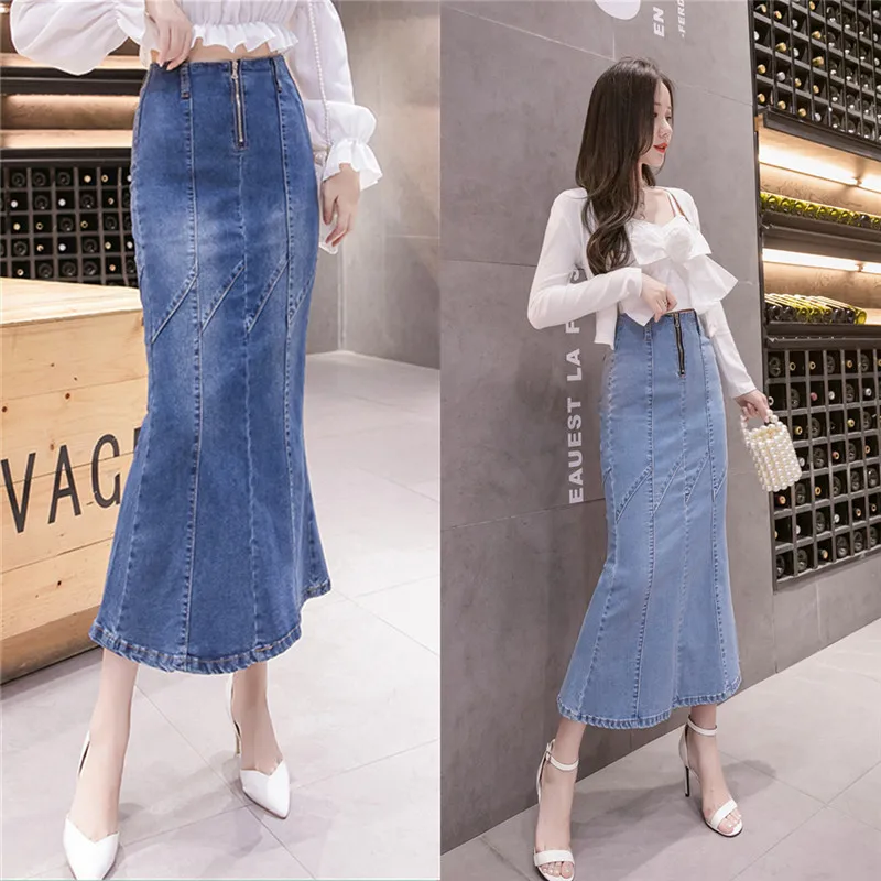 

Women Fishtail High Stretch Zipper Hip Slim Midi Long Jean Skirts All-match Lady Mermaid Elegant Temperament Denim Skirt Spring