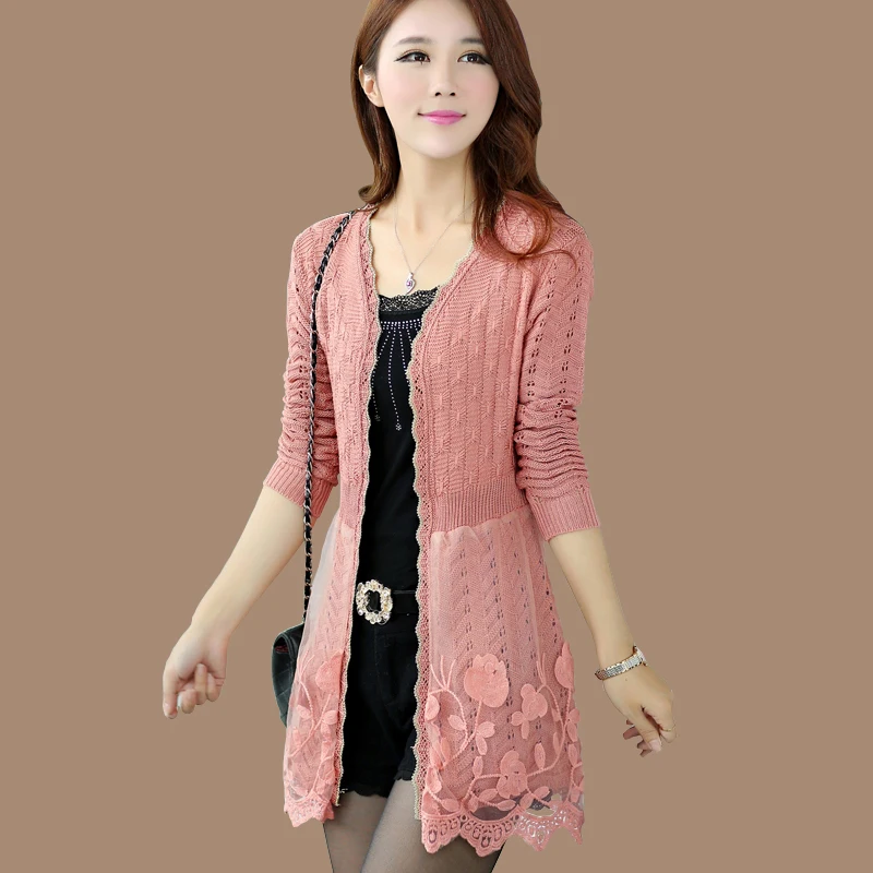 

Women Knit Cardigan Sweater Casual Elegant Fashion Slim Solid Color Long sleeve Lace Long Cardigan Female Outwear Tops jacket