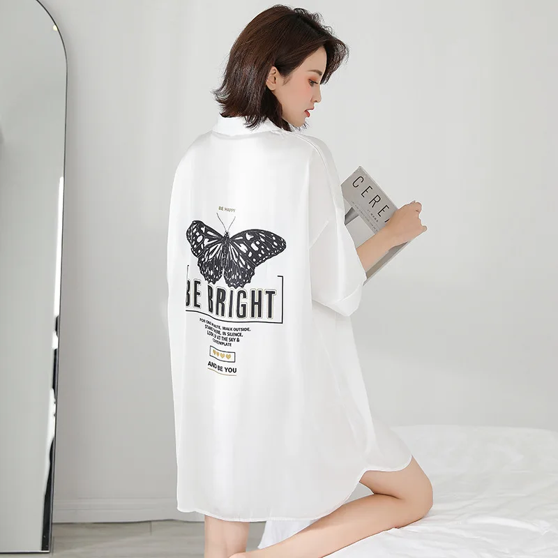 

Print Butterfly Nightgown Sexy Women Summer New Sleepwear Intimate Lingerie Casual Nightdress White Satin Sleepshirt Nightwear