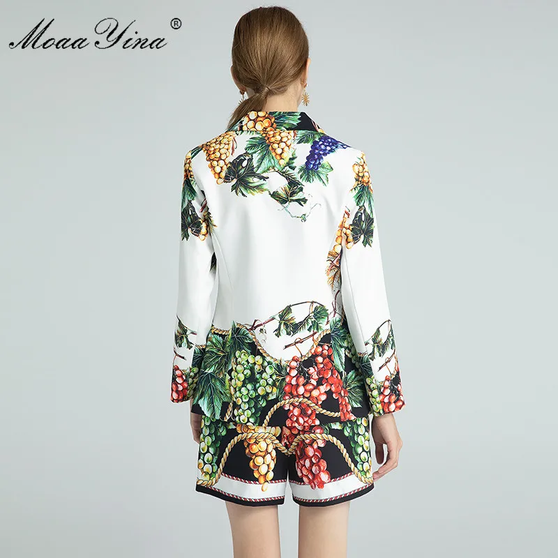 

MoaaYina Fashion Set Spring Women's Long sleeve Double breasted Sequins Suit Tops+Shorts Vintage Grape Print Two-piece set