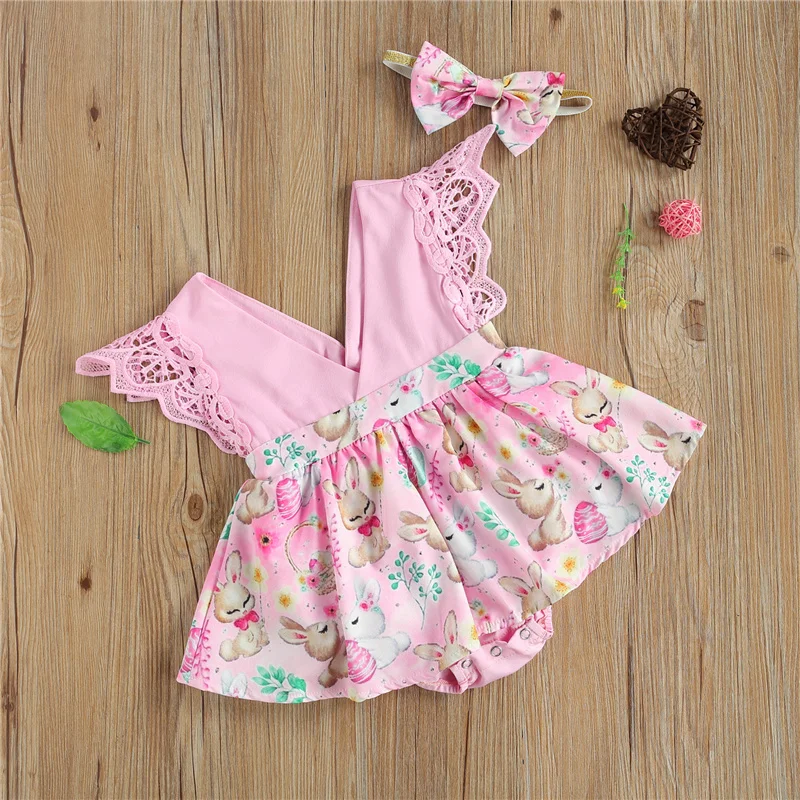 

Baby fashion cute Romper Dress with Bow Headband, Rabbit Print v-neck , Lace Decoration Easter Clothing for dairty wear