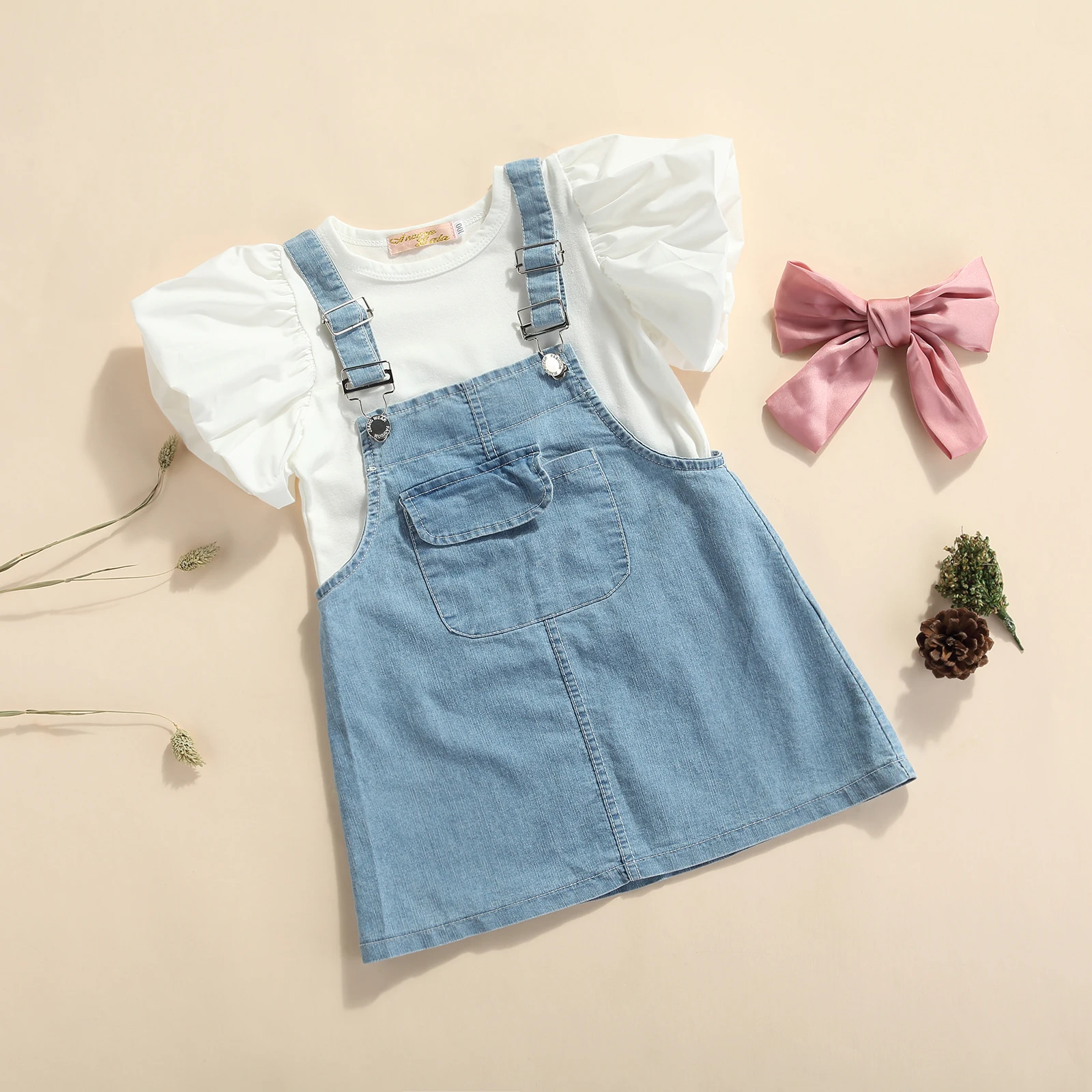 

Summer Sweet Girls Clothes Solid Color Round Collar Puff Short Sleeve Tops Bow Princess Suspender Skirt Children's Sets