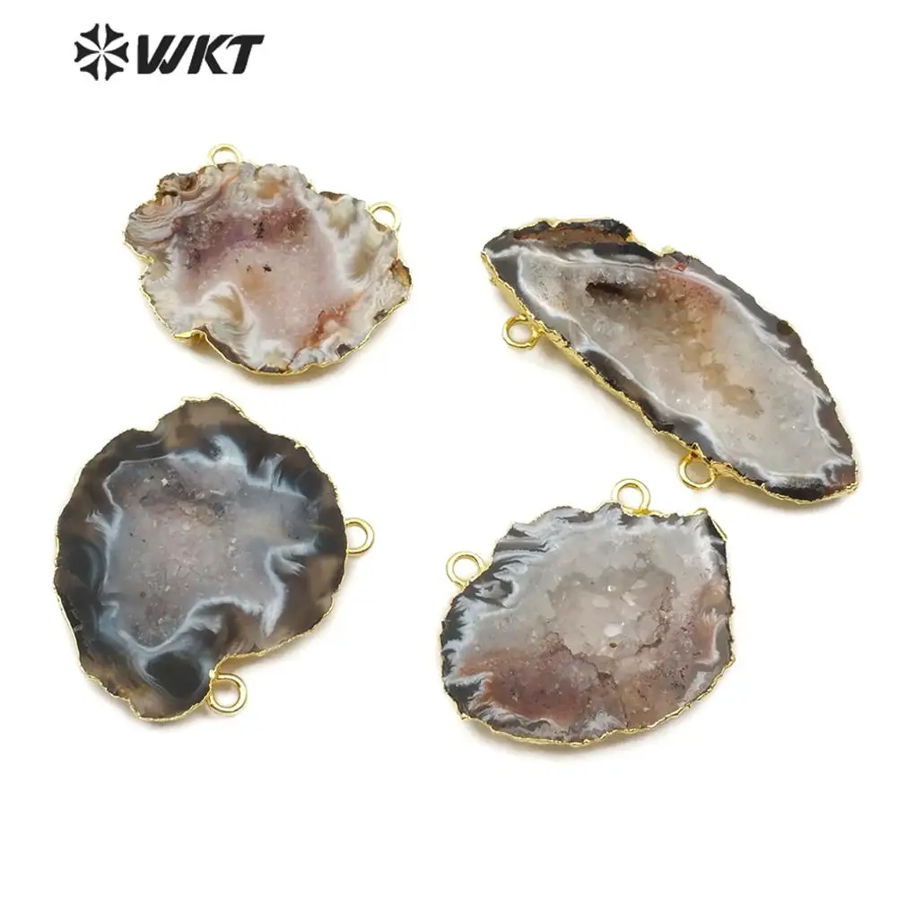 

WT-P1490 Natural Stone Pendant Random Shape Geode A gate with Gold Electroplated double hook Fashion Woman Stone Pendant