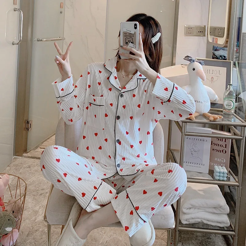 

Women 2PCS Thicken Velour Pajamas Suit Sweet Heart Print Nightwear Turn-down Collar Shirt&Pant Sleepwear Autumn Winter Home Wear