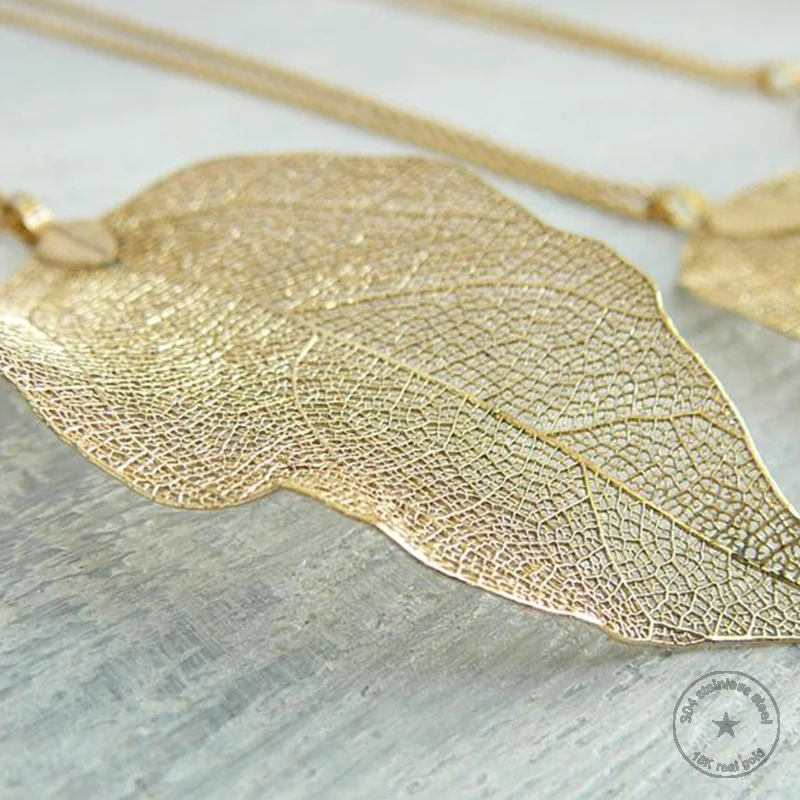 Ожерелье из нержавеющей стали с натуральными листьями подарочное ювелирное