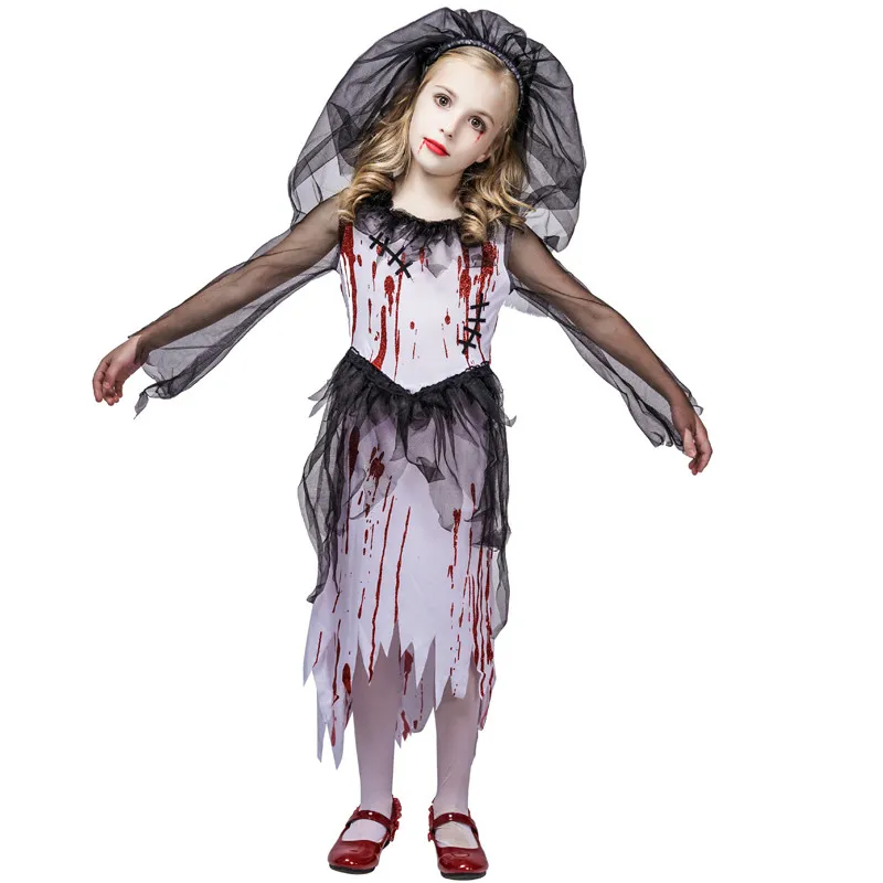 

Kids Halloween Party Costumes for Girls Horror Bloody Bride Ghost Cosplay Costume Girl Blood Dress masquerade vampire clothes Ne