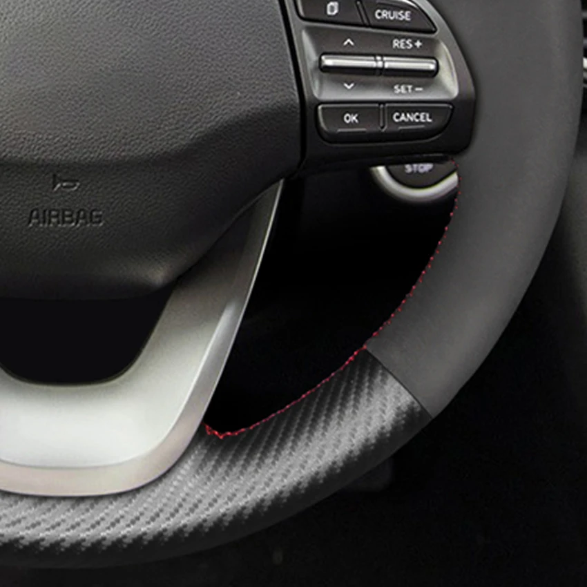 LQTENLEO Black Carbon Fiber Suede Comfortable Durable Hand Sewing Car Steering Wheel Cover for Hyundai Kona 2017 2018 2019 2020 |