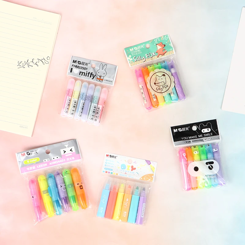 

6PCS/Set Rabbit Mini Fluorescent Highlighter Pen Kawaii Chalk Marker Pens Stationery Material School Supplie