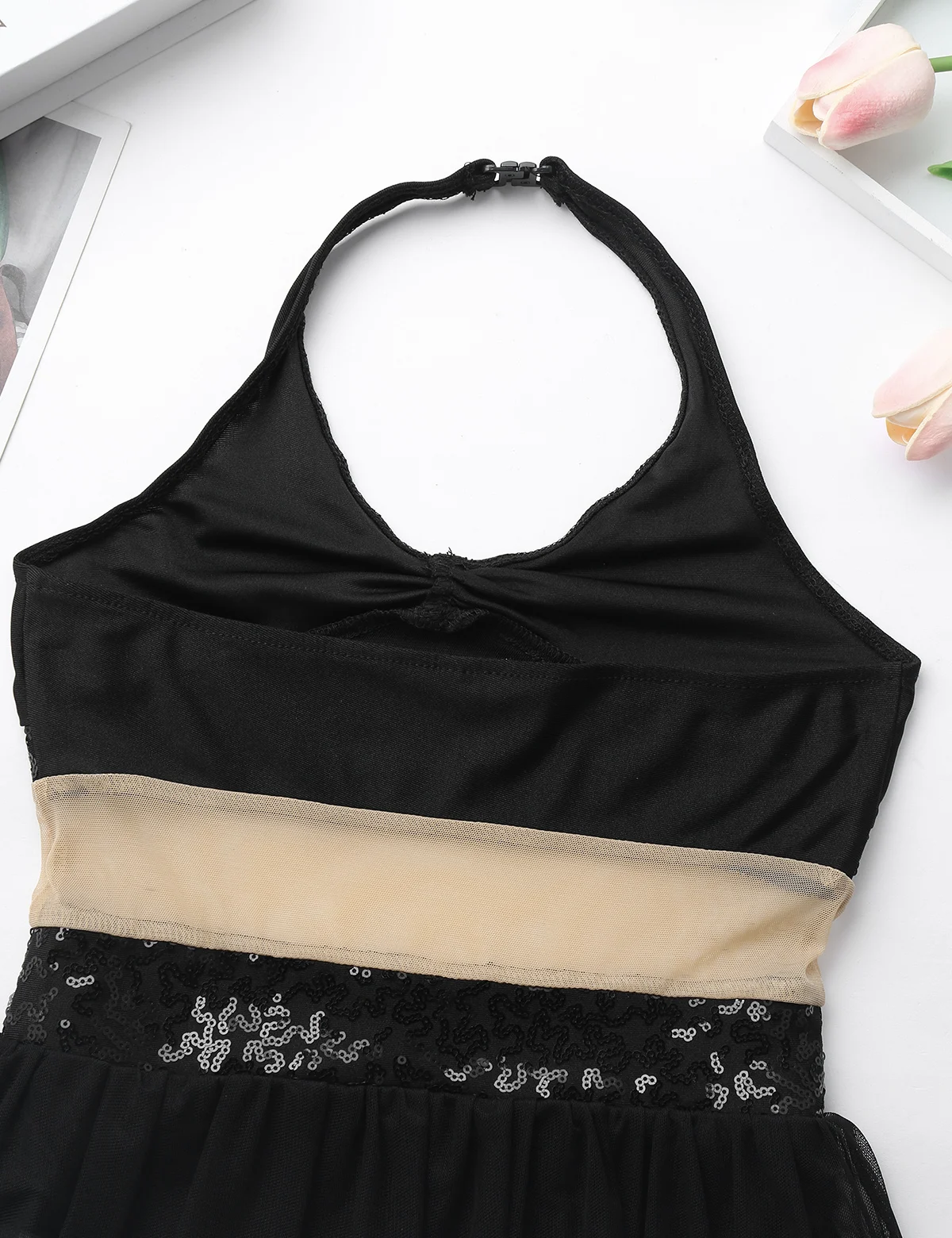 ChicTry Girls Halter Sequin Mesh Stretchy Figure Skating Dress Gymnastics Ballet Leotard Kids Performance Lyrical Dance Costumes