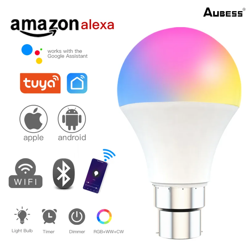 

Лампочка регулисветильник яркости Tuya E27 B22 9 Вт RGBCW, умная лампочка с голосовым управлением, работает с Alexa и Google Home