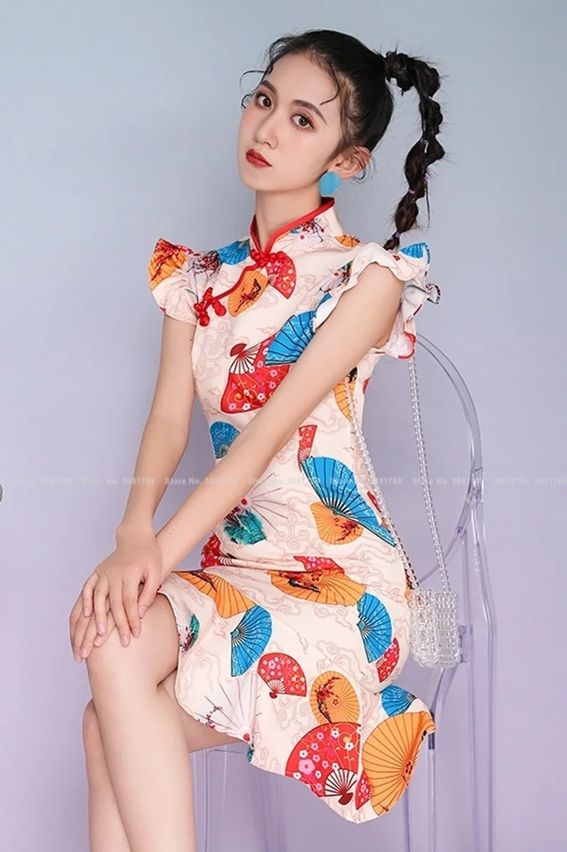 

Women Chinese Style Retro Qipao Dress Japanese Harajuku Print Ruffle Dress Fashion Elegant Cheongsam Oriental Party Vestidos