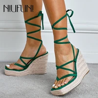 niufuni cross ankle straps platform wedges sandals rattan grass weave clip toe women shoes summer gladiator shoes ethnic style