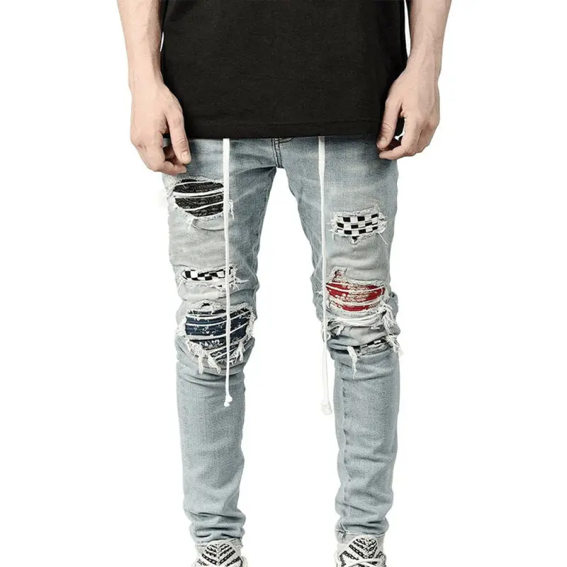 

Mens Fashion Ripped Jeans Slim Fit Full Denim Pencil Pants Casual Patchwork Scratched Fashion Man Clothing Distressed Trousers